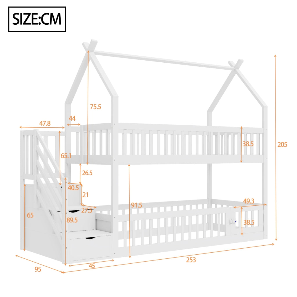 Letto a castello per bambini 90×200 cm con tetto; scala e cassetti contenitori; senza materasso; in legno massiccio bianco