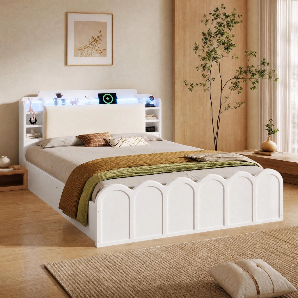 LETTO Contenitore idraulico 140x200 cm Bianco con USB-C e LED