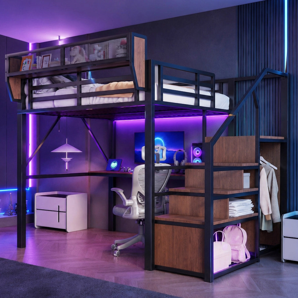 Letto a soppalco matrimoniale con striscia LED; scrivania da 200 cm; scala di sicurezza e scaffale flessibile 140 × 200 cm; senza materasso