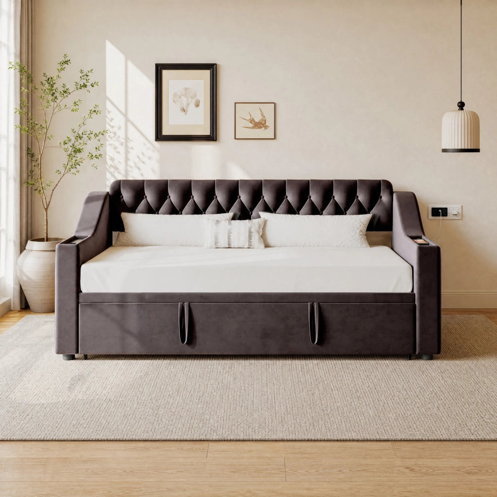 Divano letto imbottito estraibile 90x190/180x190 cm in velluto grigio con USB e Type-C