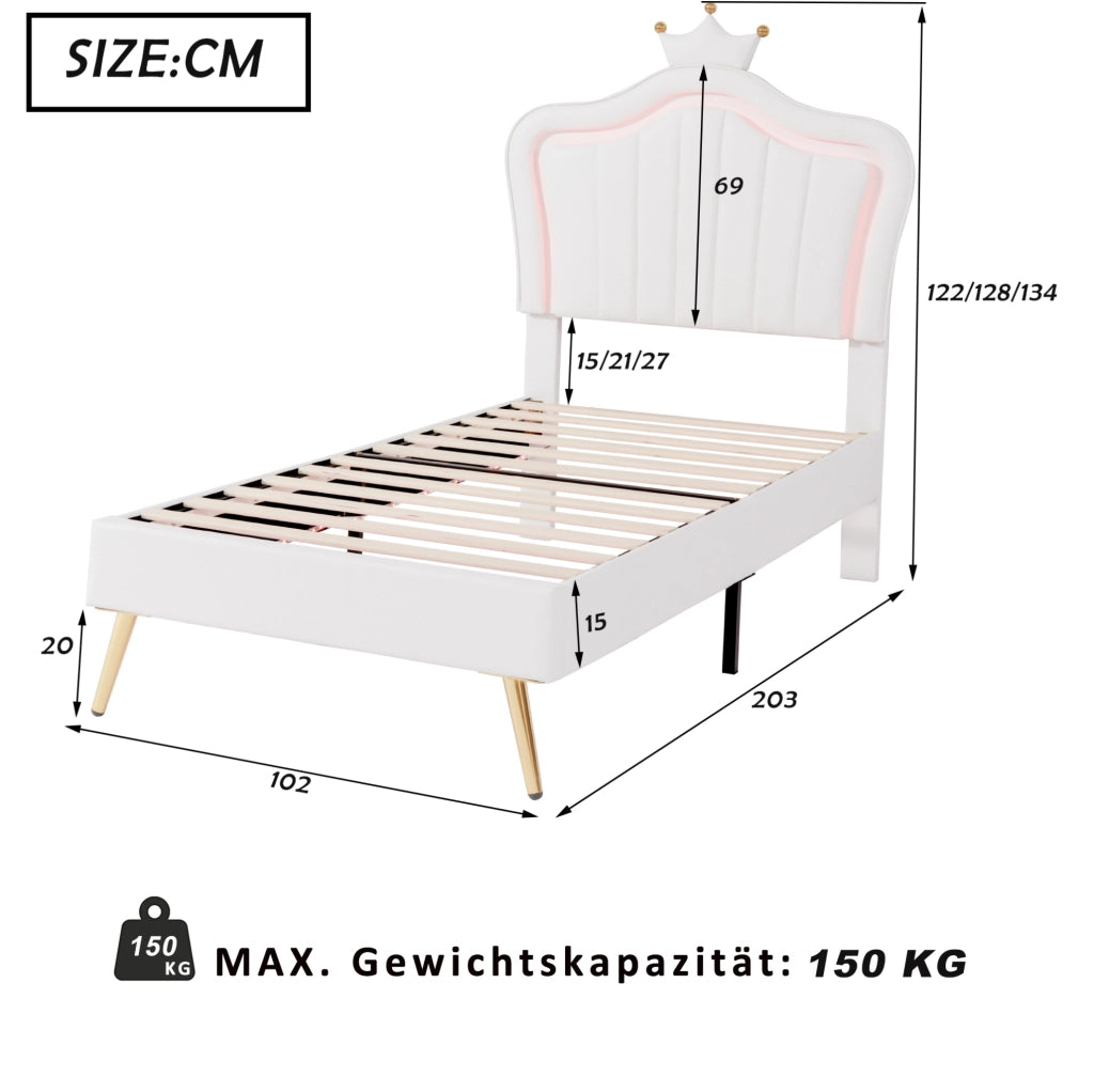 Letto per bambini imbottito 90x200 cm bianco con testiera a conchiglia e LED