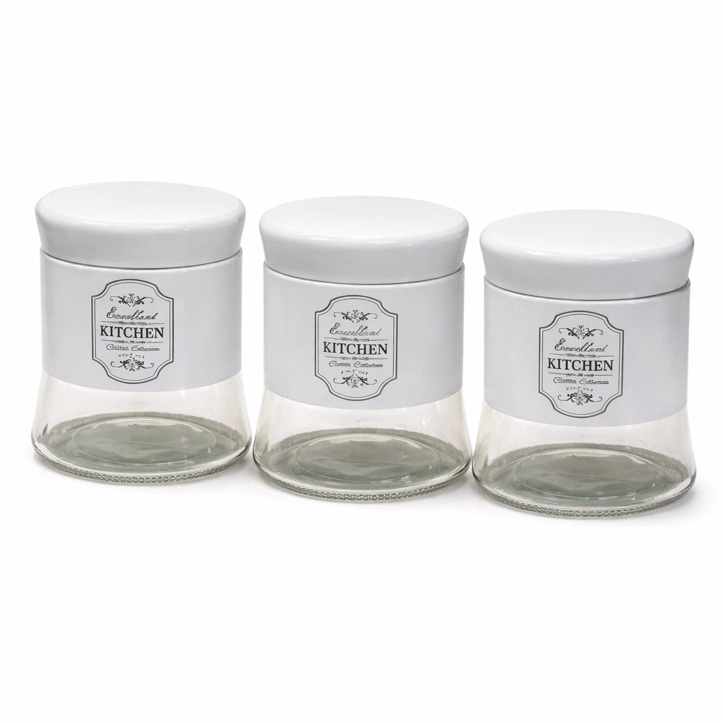 TRIS BARATTOLI IN VETRO E ACCIAIO BIANCO CON SCRITTE NERE 700ML - 11.5x14 CM