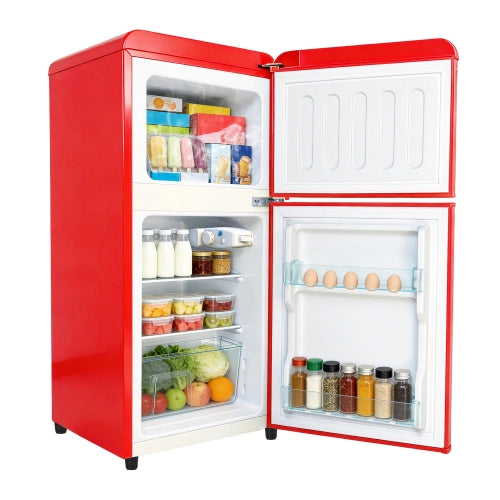 Frigorifero a doppia porta (86L) – controllo della temperatura a 7 livelli; classe di efficienza energetica E; luce a LED; ripiani regolabili e portauova – rosso