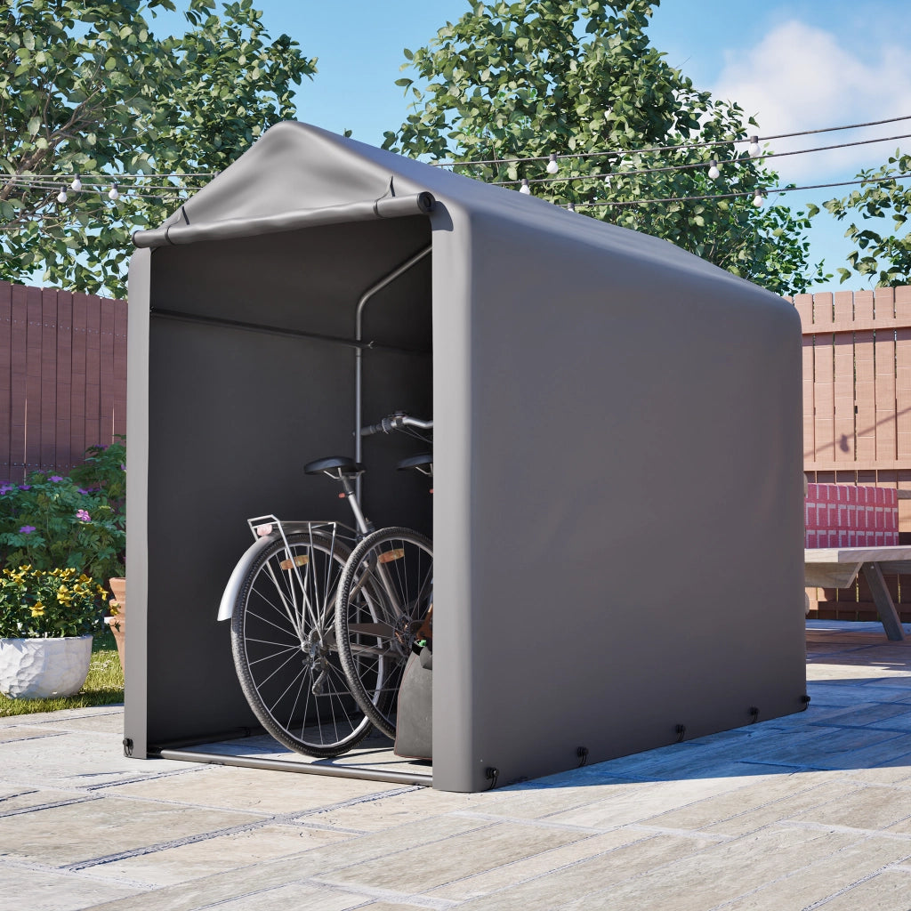 Garage per bici 187x100x160 cm con struttura in acciaio verniciato nero e telo PE impermeabile grigio scuro