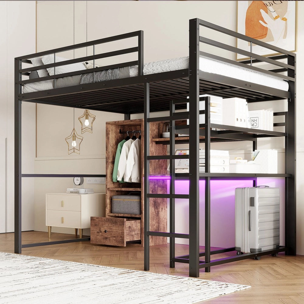 Letto a Soppalco con Scrivania e LED ¨C MINIMAL ¨C Metallo Nero 140x200cm
