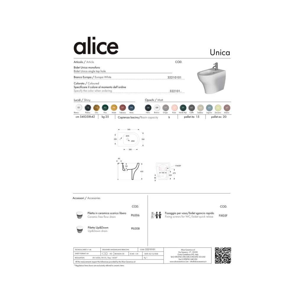 Coppia Di Sanitari Alice Ceramica Da Terra Filo Muro Senza Brida Bianco Opaco "Unica"