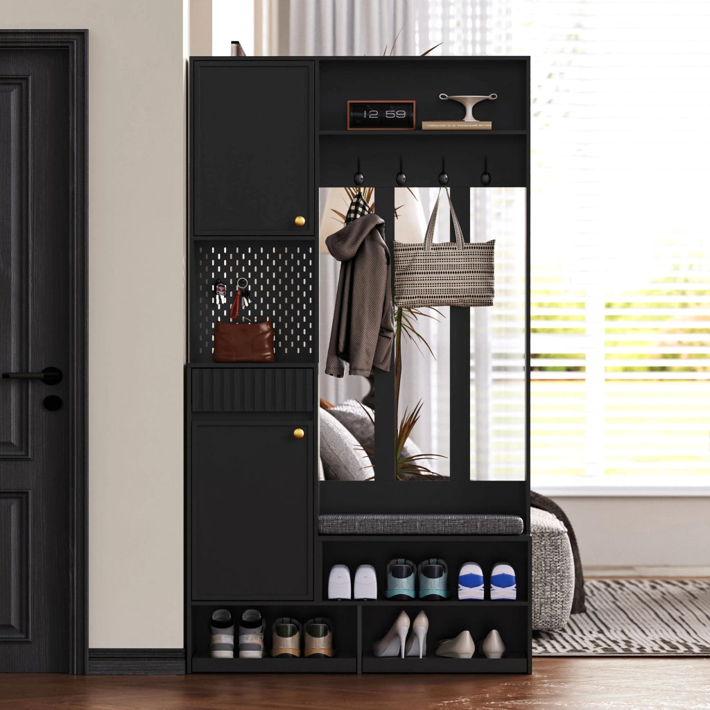 Set Ingresso con Panca, Ante, Cassetti e Ganci ¨C MINIMAL ¨C Nero 100¡Á180¡Á35 cm
