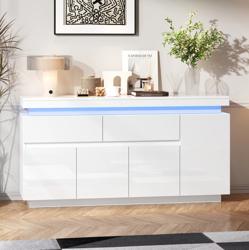 Sideboard moderno 140 x 35 x 72;5 cm in truciolare bianco lucido con LED e 2 cassetti