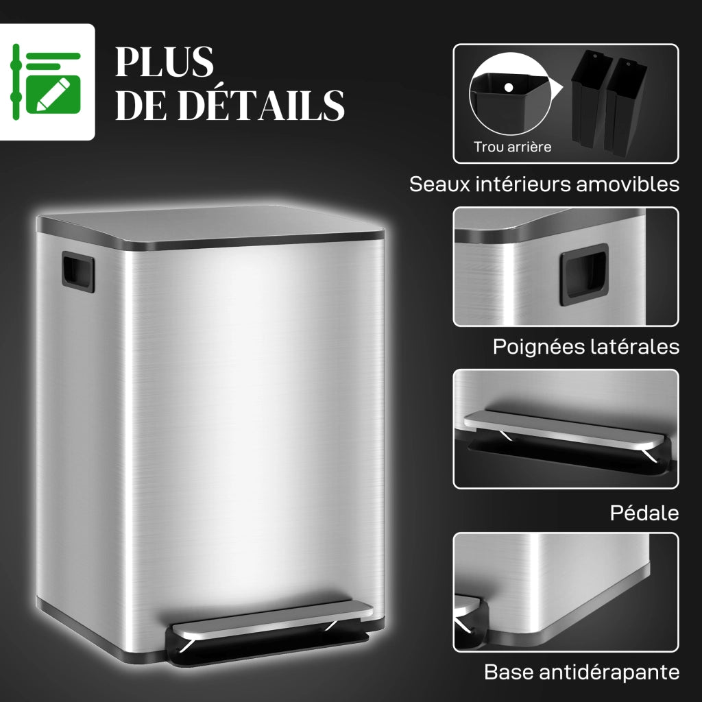 Pattumiera a pedale 2 scomparti ¨C Xylo ¨C 2x20L acciaio inox chiusura soft
