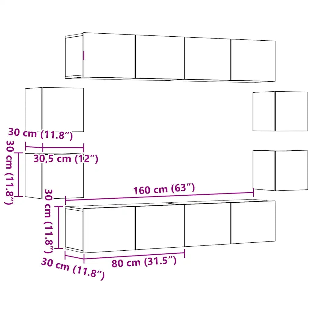 Set Mobile TV 8 pz Montato a Parete Rovere in Legno Multistrato 3328950