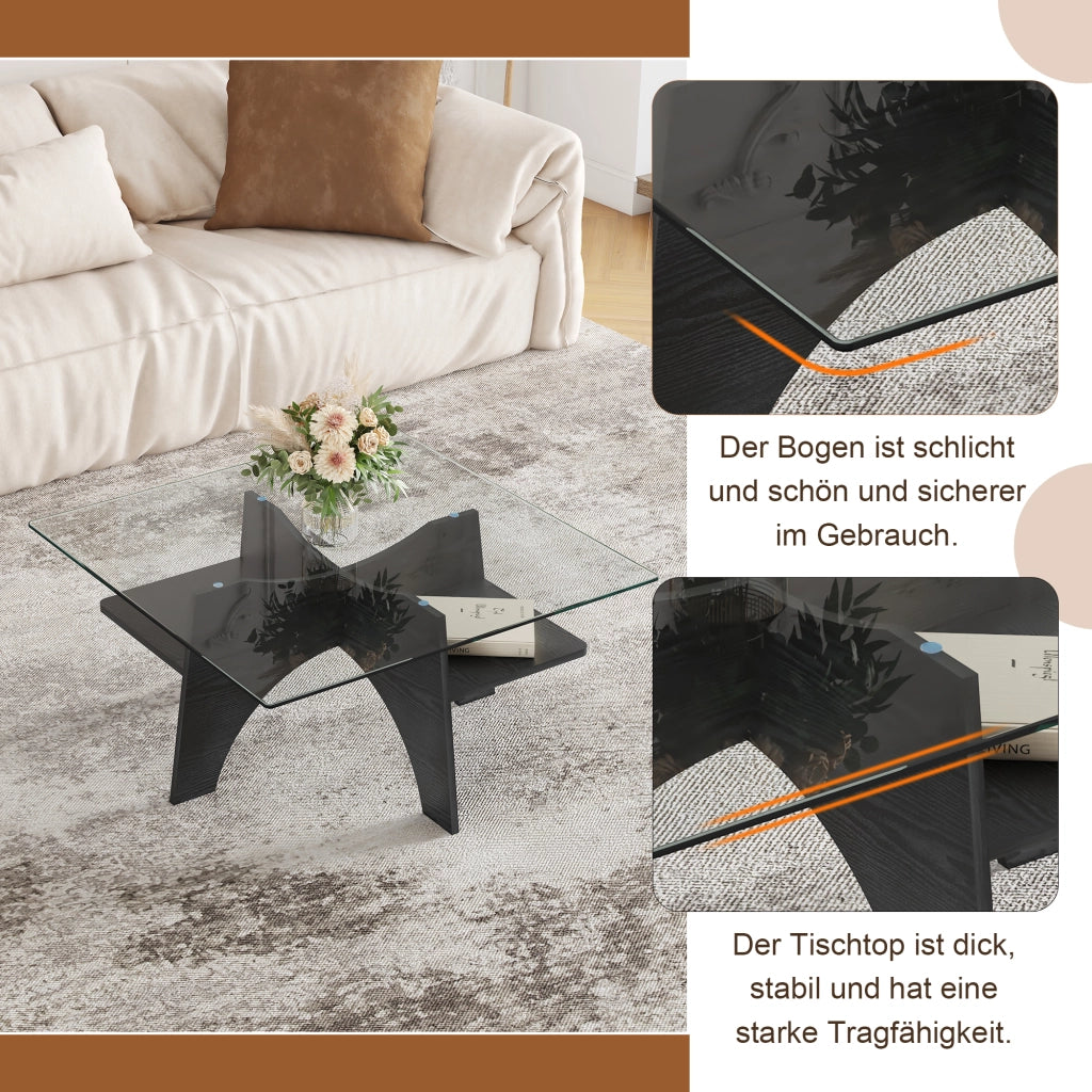 Tavolino/tavolino da caff¨¨ moderno di forma quadrata, realizzato in vetro temperato ¨C lati da 80 cm. Gambe in MDF con effetto legno nero. Ideale per s