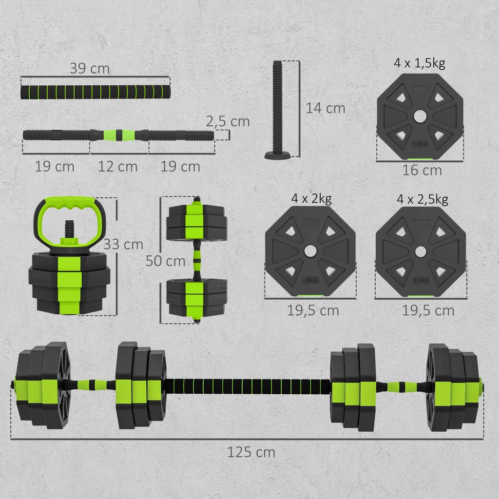 Set di manubri regolabili 25 kg ¨C Minimal ¨C 6 in 1 kettlebell barra manubri