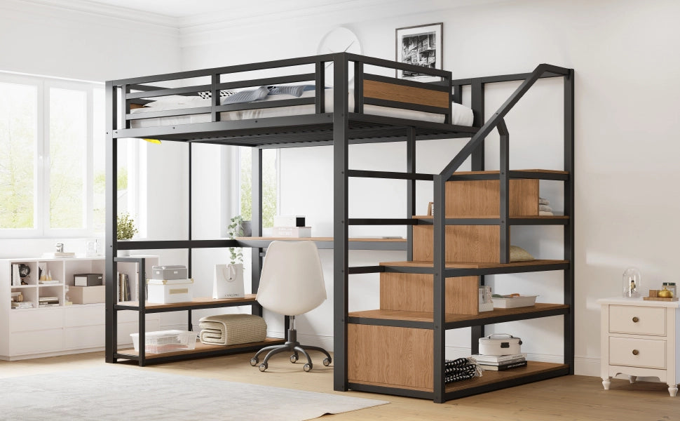 DESMIU Letto a Soppalco 2 Posti con Scala Contenitore, Scaffali e Scrivania 140 × 200 cm, senza materasso, Nero