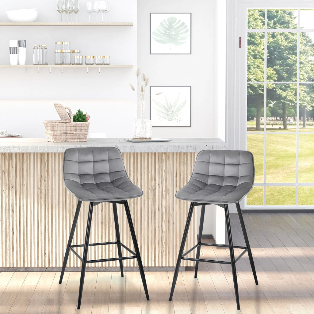 Sgabello Alto Nordico con Schienale ¨C Xylo ¨C Tessuto Effetto Velluto Grigio e Metallo 45x47x88 cm