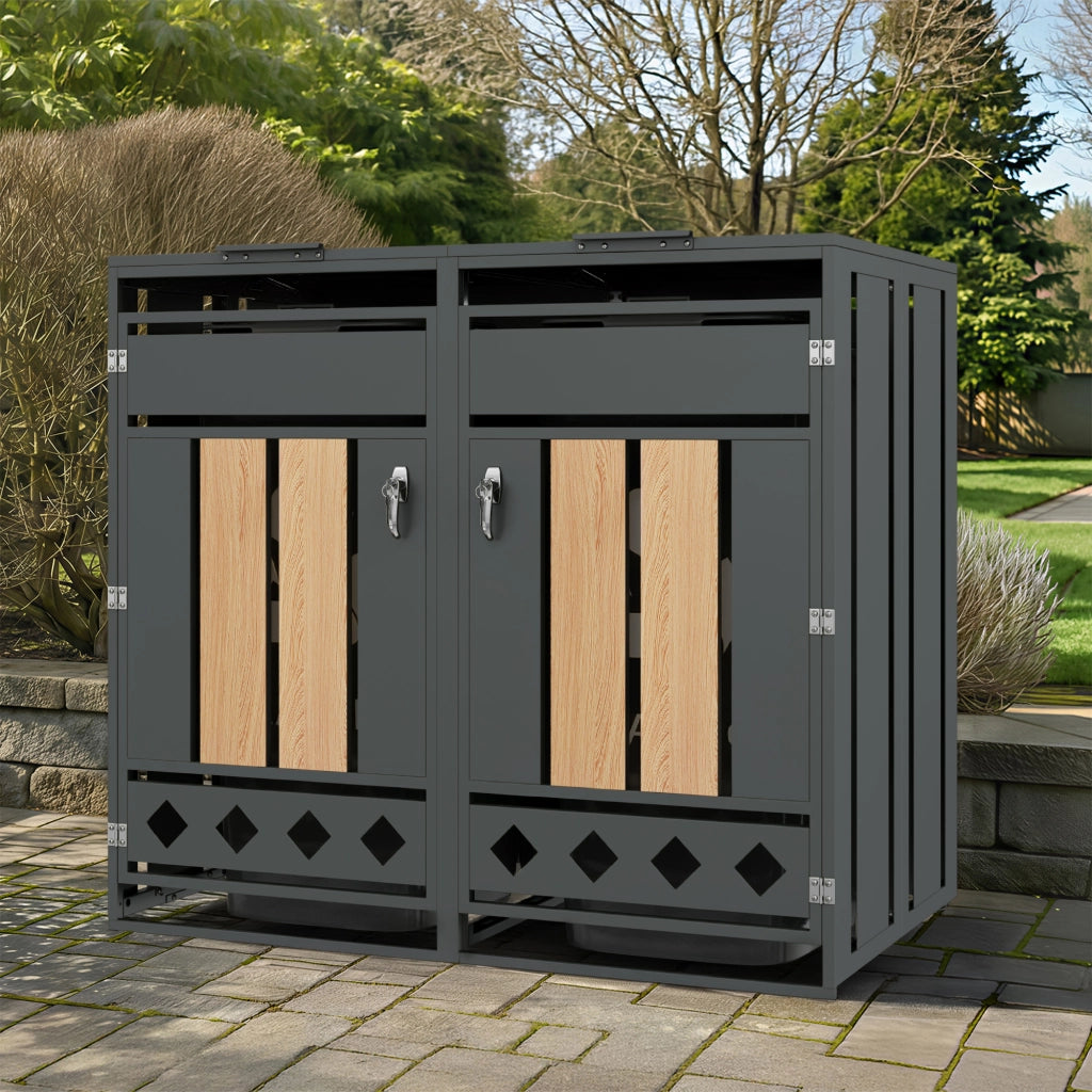 Cassetta della spazzatura; con coperchio incernierato; scomparti per lo stoccaggio della spazzatura; chiudibile a chiave; due porte; pannello porta con venatura verticale in legno; calzino cavo a forma di diamante