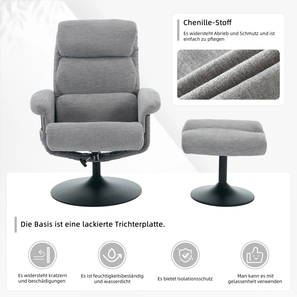 Fauteuil relax in ciniglia con massaggio a 5 punti, funzione riscaldante, girevole 360° e poggiapiedi grigio