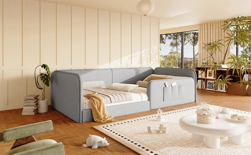DESMIU Lit simple 90 × 200 cm con tasche portaoggetti, senza materasso, in lino, grigio