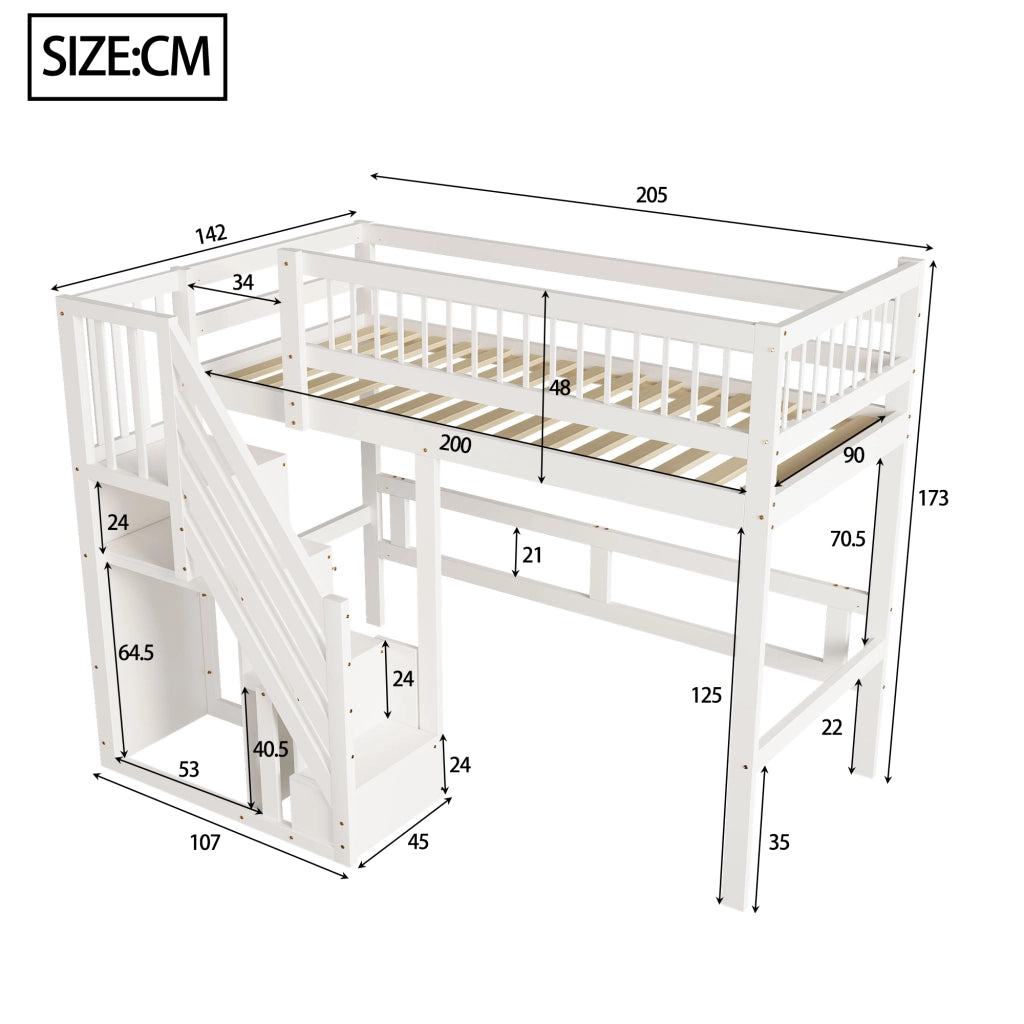 Letto a soppalco in legno massello con scala contenitore e recinzione alta; bianco; 90x200 cm; senza materasso