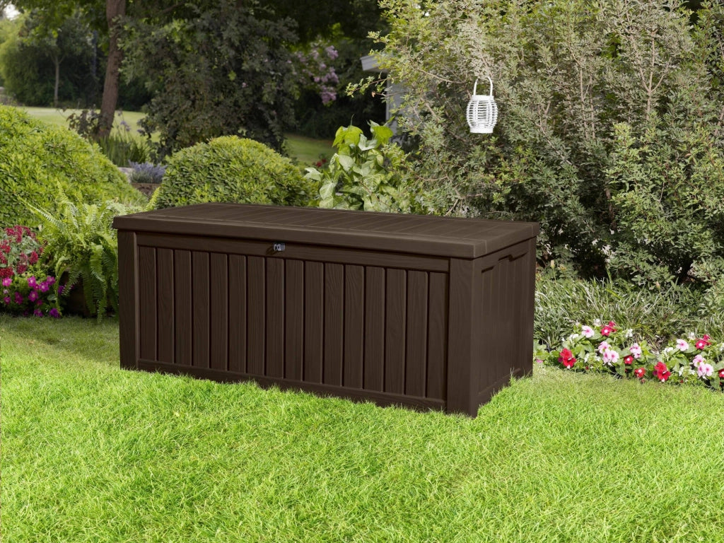 Cassapanca outdoor Hawkesbury, Baule da giardino, Contenitore da esterno, Panchina contenitore da esterno, 155x72 h64 cm, Marrone