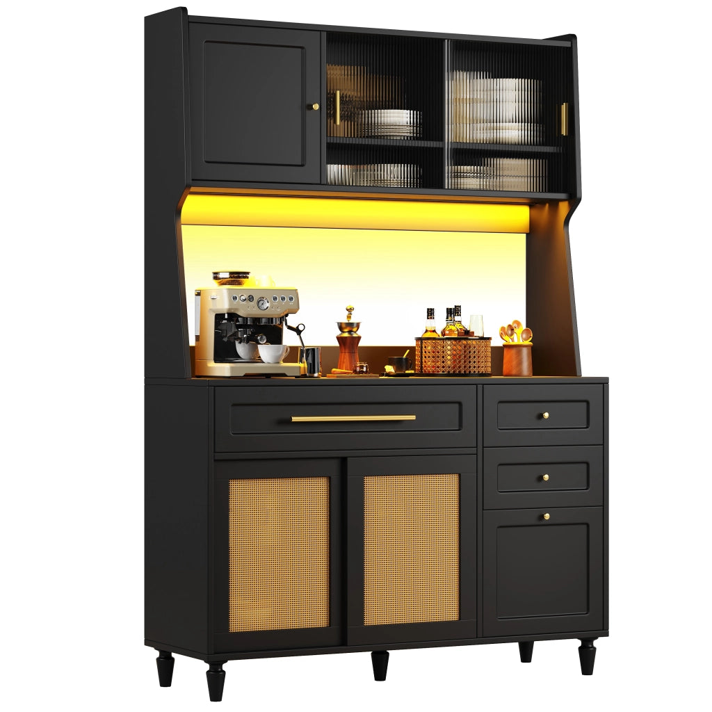 Credenza alta con LED, 3 cassetti e ripiani regolabili 120x45x195,5 cm nera