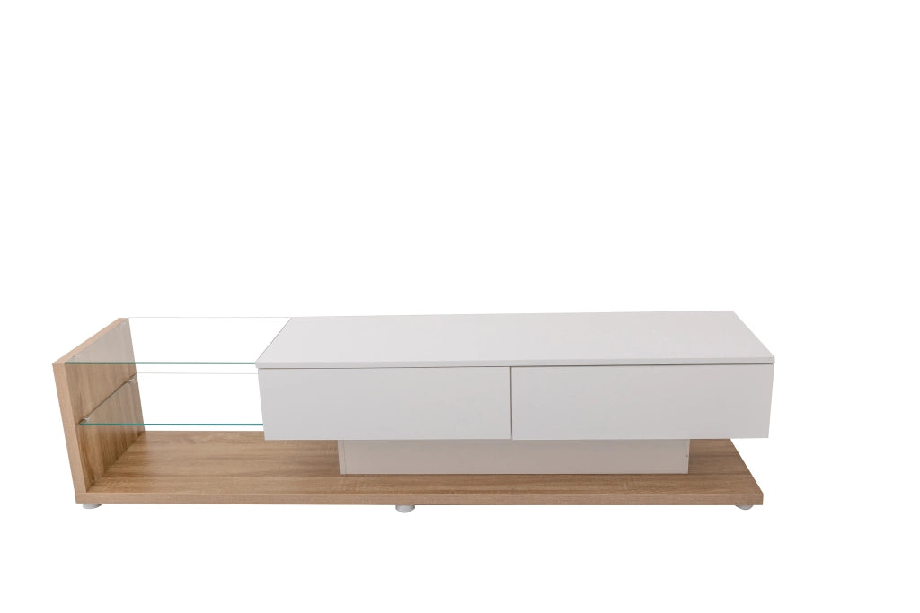 Mobile TV LED con 2 cassetti e 2 ripiani in vetro, finitura bianco lucido effetto legno, per soggiorno, 170 × 36 × 38 cm