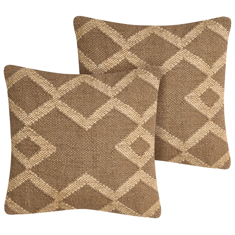 Set di 2 cuscini in iuta e lana marrone chiaro e beige motivo geometrico 45 x 45 cm camera da letto soggiorno