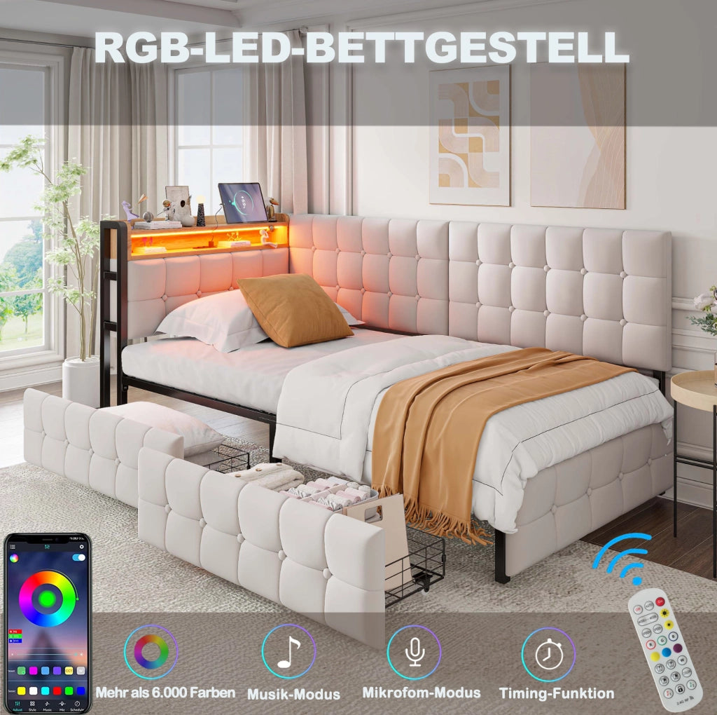 Divano letto imbottito 90x200 cm beige con 2 cassetti; LED; USB e porta Type-C