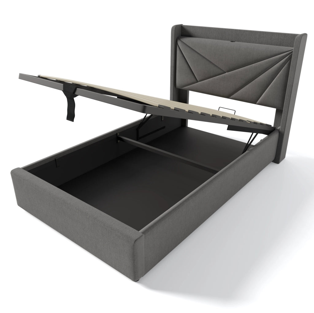Letto singolo imbottito con contenitore 90x200 cm; USB e Type-C; grigio