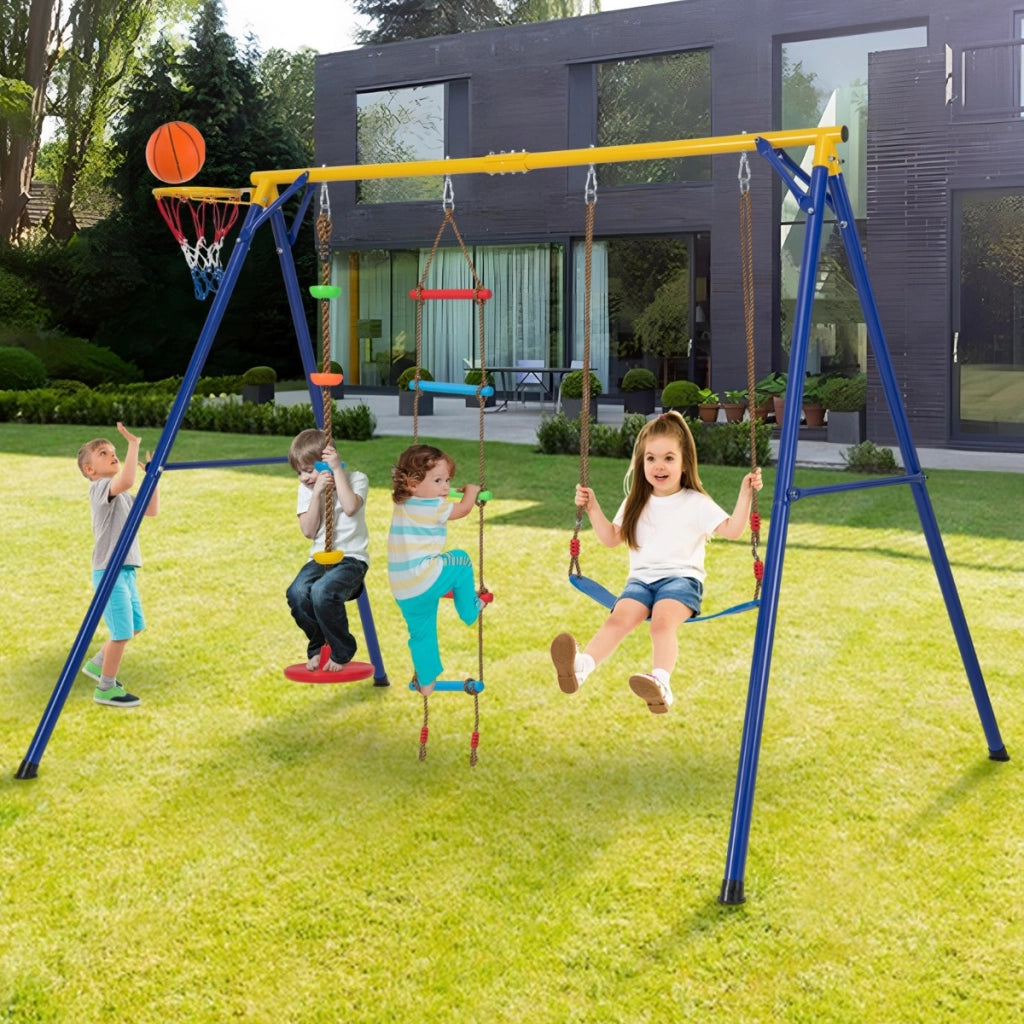 Set altalena per bambini con canestro basket altalena regolabile disco con corda, Set altalena portata 300kg Giallo