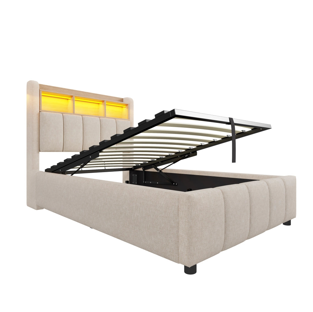 Letto imbottito 90x200 cm con LED; contenitore in lino beige