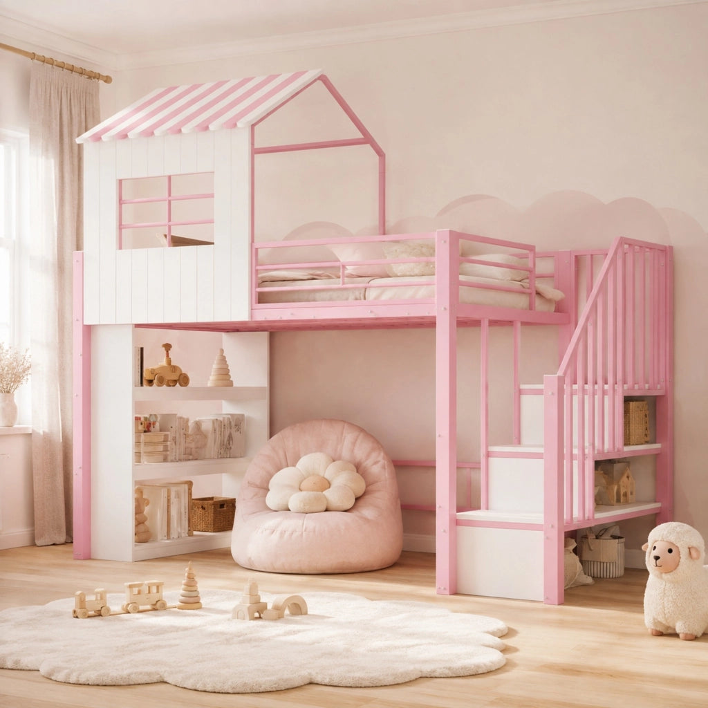 DESMIU Litto mezzanino bambino 90 × 200 cm 1 posto con scala contenitore e scaffali, senza materasso, in metallo, rosa