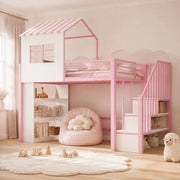 DESMIU Litto mezzanino bambino 90 × 200 cm 1 posto con scala contenitore e scaffali, senza materasso, in metallo, rosa