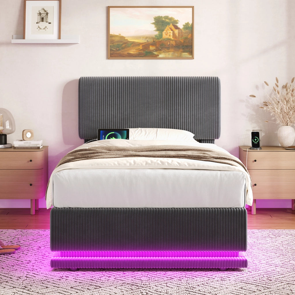 Letto imbottito 90 × 200 cm con vano sottoletto LED regolabile USB-C testiera regolabile in velluto a coste grigio scuro