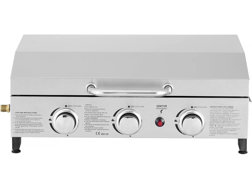 Piastra a gas con 3 bruciatori e coperchio in metallo "Fasto" - 7,5 kw - Grigio