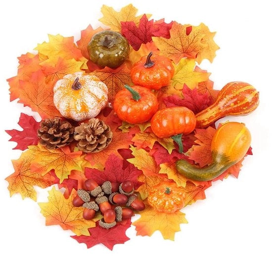 Set di Zucche Artificiali - 8 Zucche Diverse - 30 Foglie di Quercia - 10 Noci - 2 Mele di Ciliegio - Decorazione Autunnale