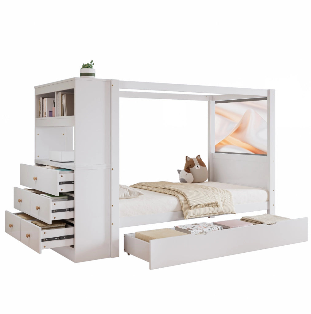 Letto singolo per bambini con sponda; armadio laterale e 5 cassetti; 90x200 cm; bianco