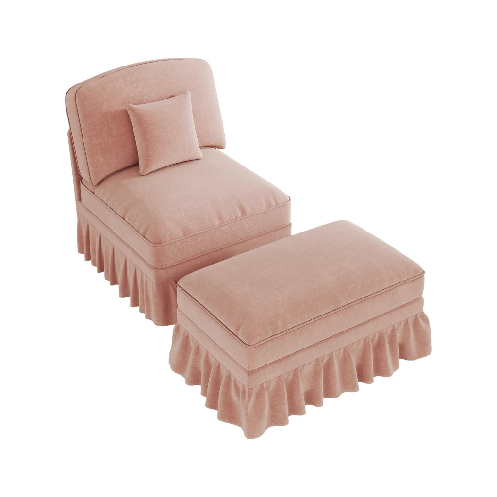 Poltrona con pouf, cuscino mobile e gonna con volant rimovibile, design classico in ciniglia rosa
