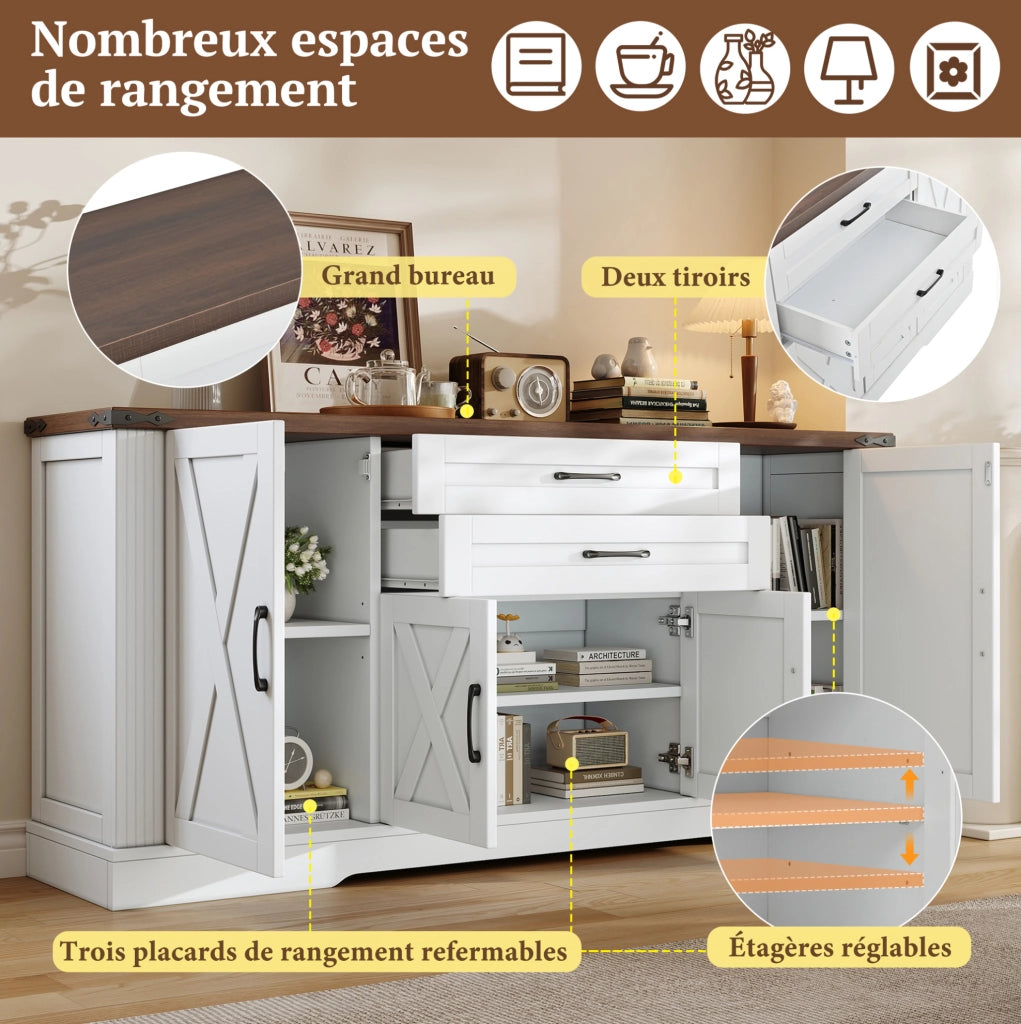 Credenza sideboard 160x39x81;5 cm con 4 ante e 2 cassetti; bianco in MDF e truciolare