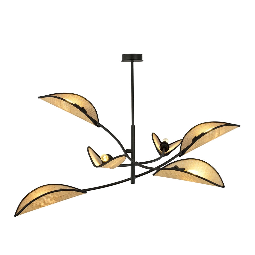 Sospensione Nordica 6 Luci Ares In Acciaio E Rattan Con Bracci Regolabili