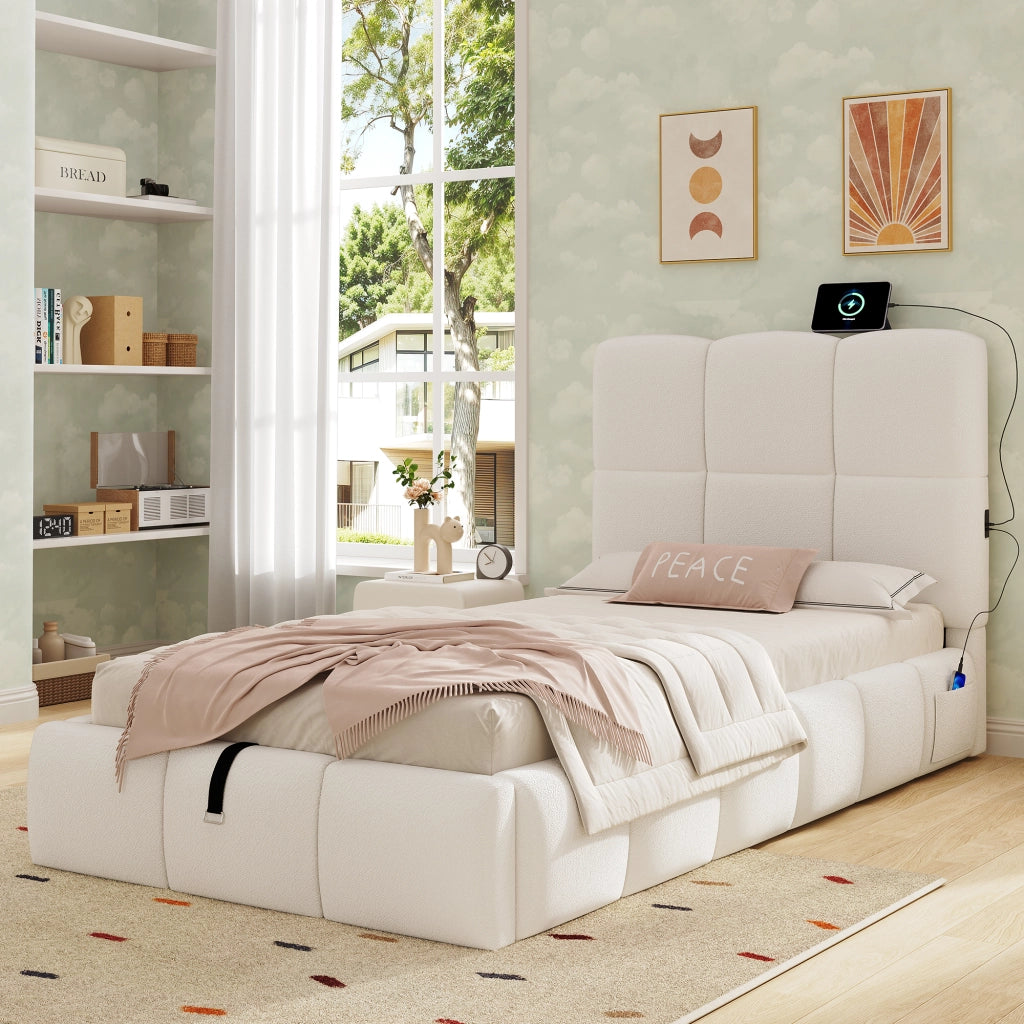 LETTO Contenitore 90x200 cm Bouclé Beige con rete a doghe e USB-C