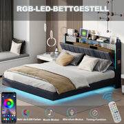 OKWISH Letto Matrimoniale 140×200 cm con USB, LED Regolabile e Contenitore, senza Materasso, in Tessuto Imbottito, Grigio