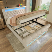 Letto Contenitore Matrimoniale Imbottito con LED ¨C MINIMAL ¨C Velluto Beige 140x190, Testiera USB, Idraulico