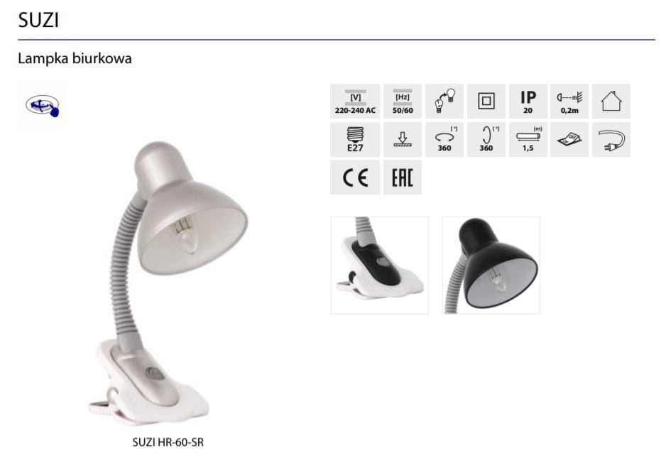 Lampada da scrivania con clip Kanlux SUZI 7152 blu