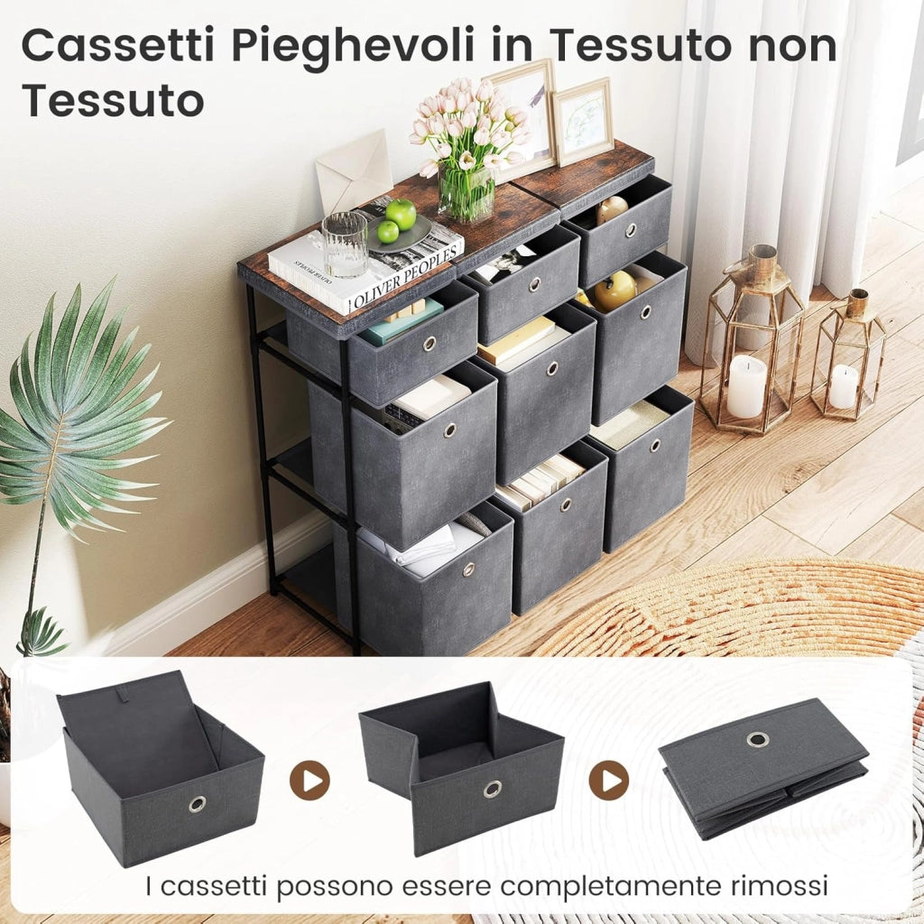 Comò con 9 Cassetti, Cassettiera in Tessuto con Struttura in Metallo e Legno, Armadietto Portaoggetti Salvaspazio, per Soggiorno, Camera da Letto e Corridoio (87 x 29 x 84 cm,Grigio)