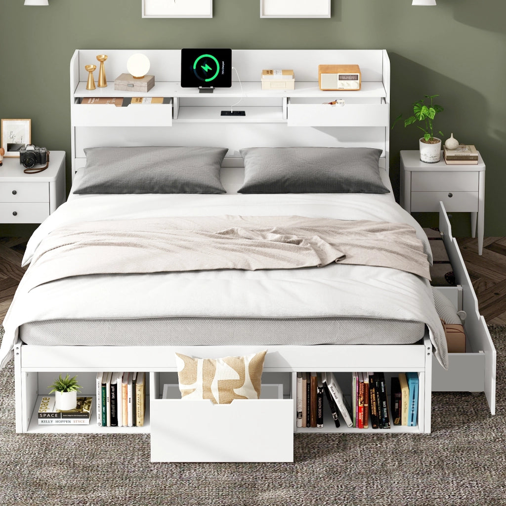 LETTO 160x200 cm Bianco con USB, Type-C e ampio spazio contenitore