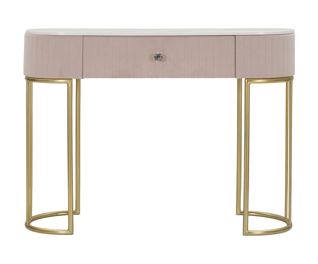 Consolle con cassetto rosa, metallo dorato, piano in similmarmo 100x40x75cm Montpellier