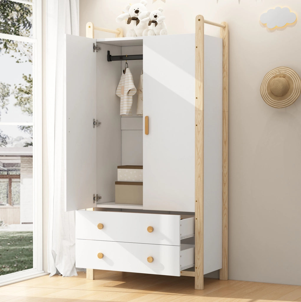 Armadio a 2 ante con barra appendiabiti e 2 cassetti in legno e MDF colore naturale e bianco