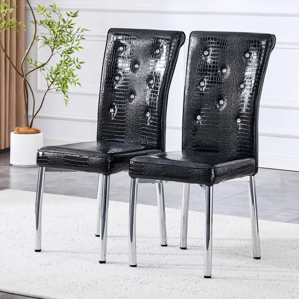 Sedie da pranzo, 2 pezzi in finta pelle effetto alligatore con bottoni in cristallo e gambe in metallo galvanizzato nero, 76 × 49,5 × 46 cm