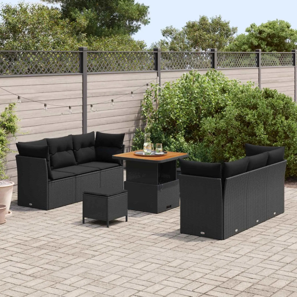 Set Divano da Giardino con cuscino 9 pcs Nero polyrattan