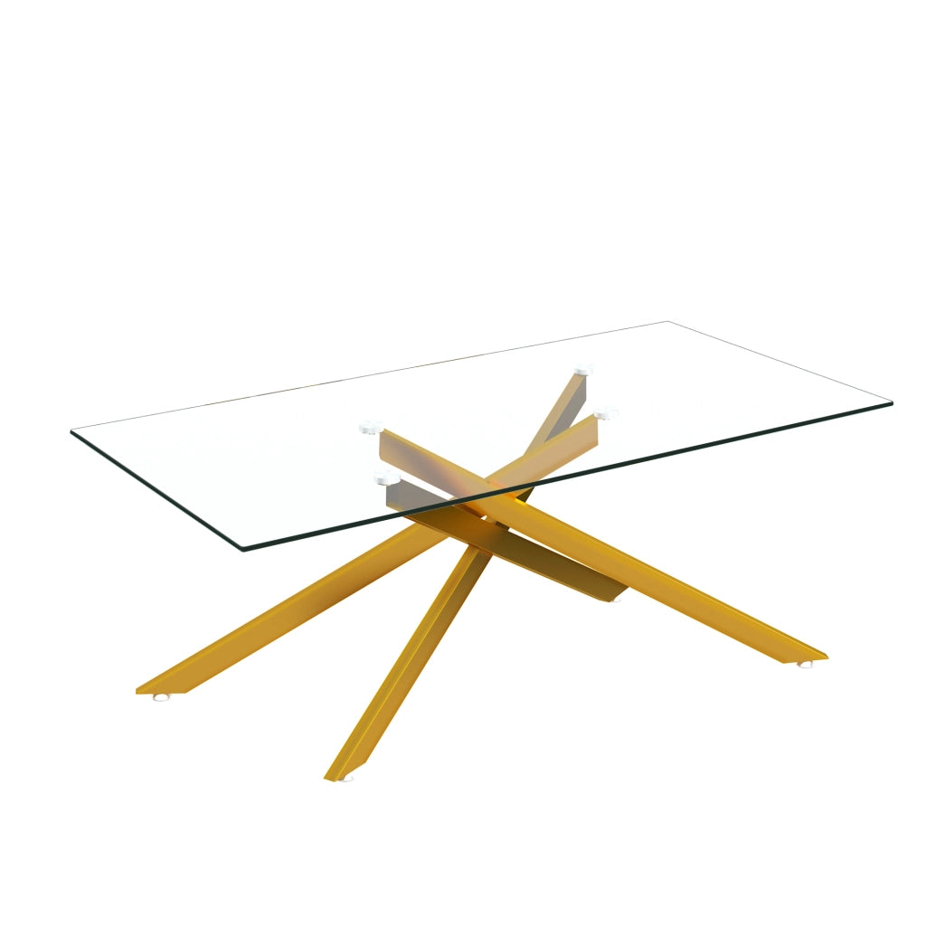 Tavolino da salotto rettangolare in vetro temperato con struttura metallica dorata, 120x60x46 cm